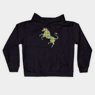 Scottish Green, White and Yellow Tartan Rearing Unicorn Silhouette Kids Hoodie